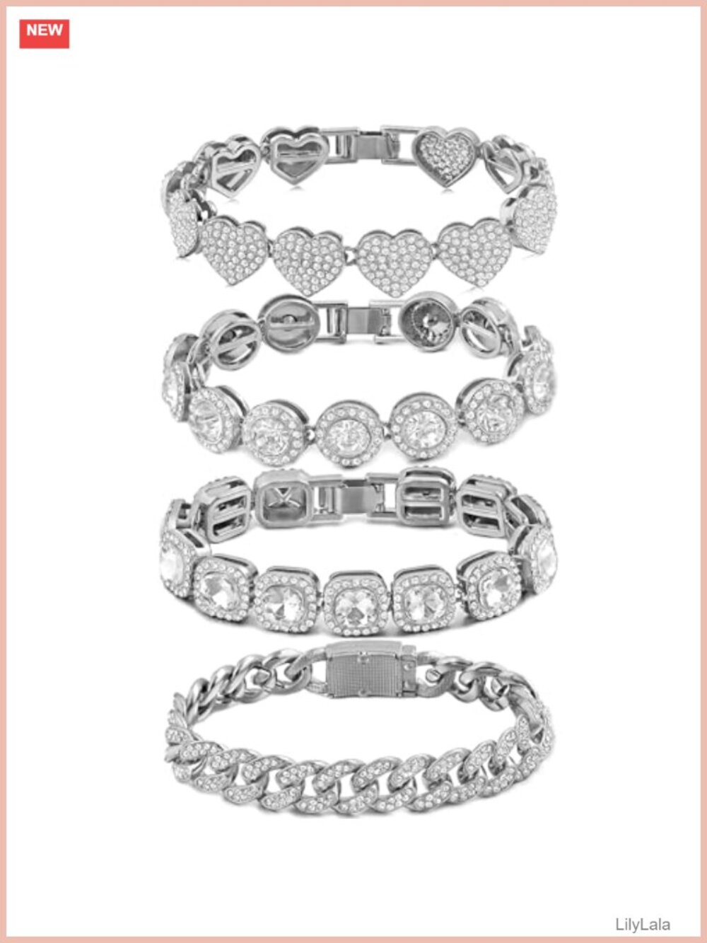 4PCS Gold Plated Tennis Bracelet Set Heart Round Cuban Link Layered
